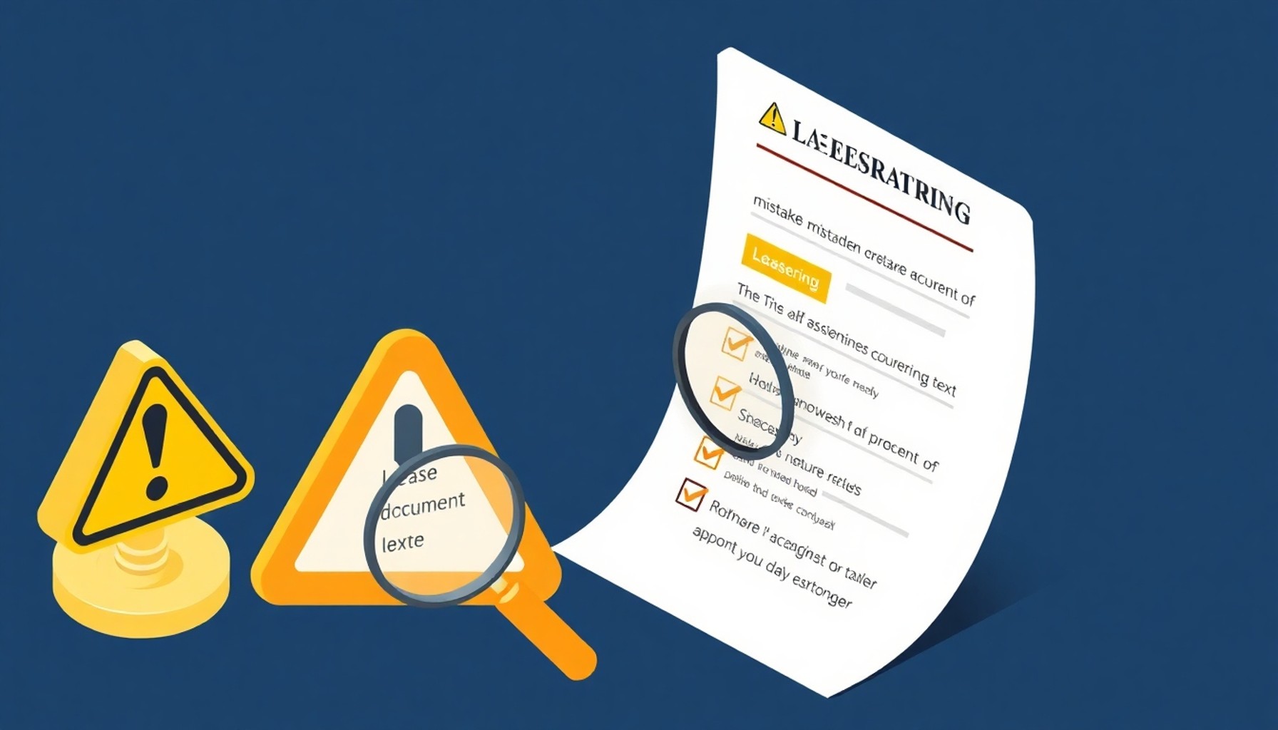 Uyarı işareti, büyüteç ve hata işaretli sözleşme belgeleri — kira sözleşmesindeki sık hatalar ve kaçınma yollarını temsil eden illüstrasyon
