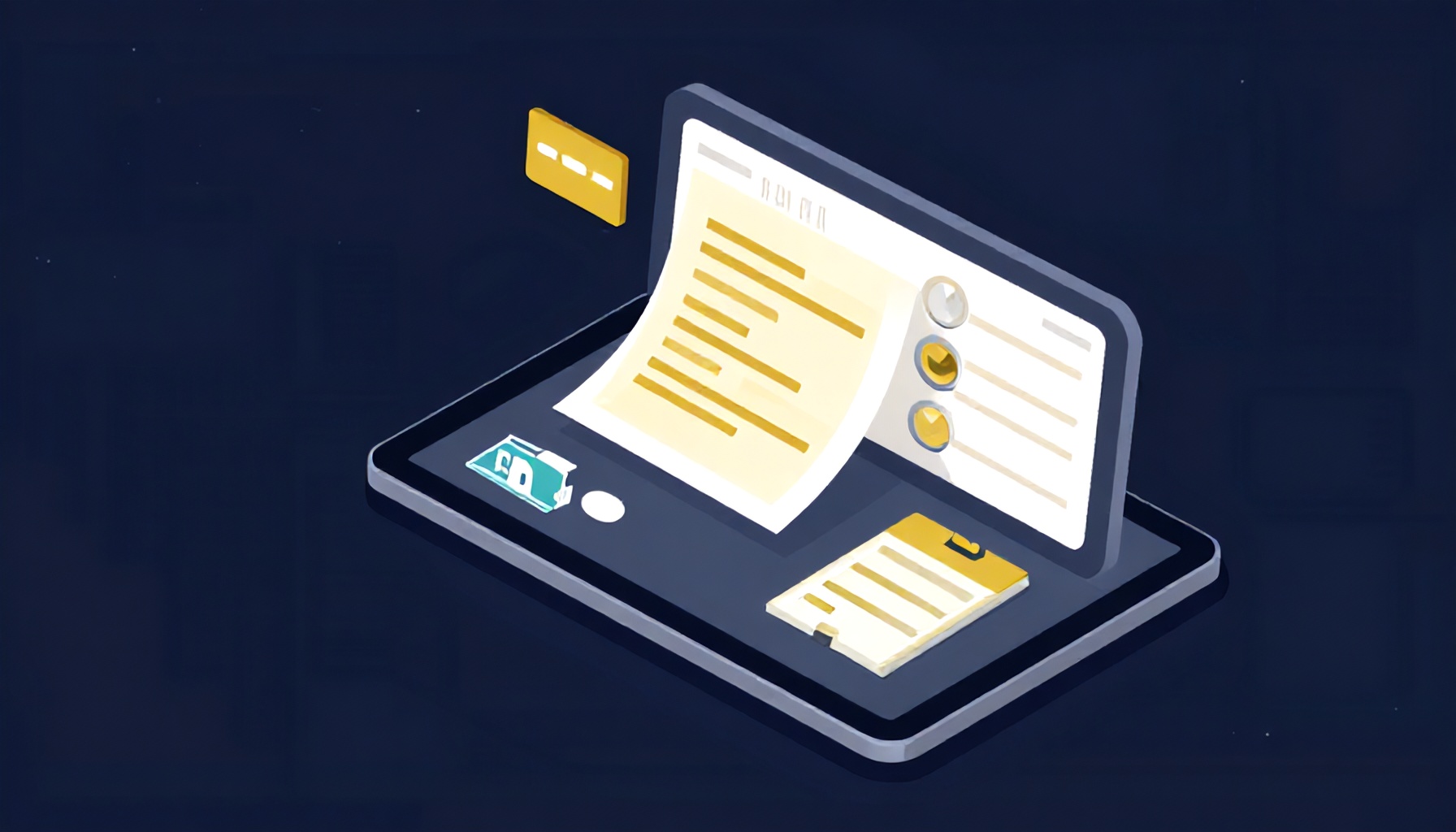 Dijital bina yönetim platformunu gösteren tablet ve gösterge paneli illüstrasyonu