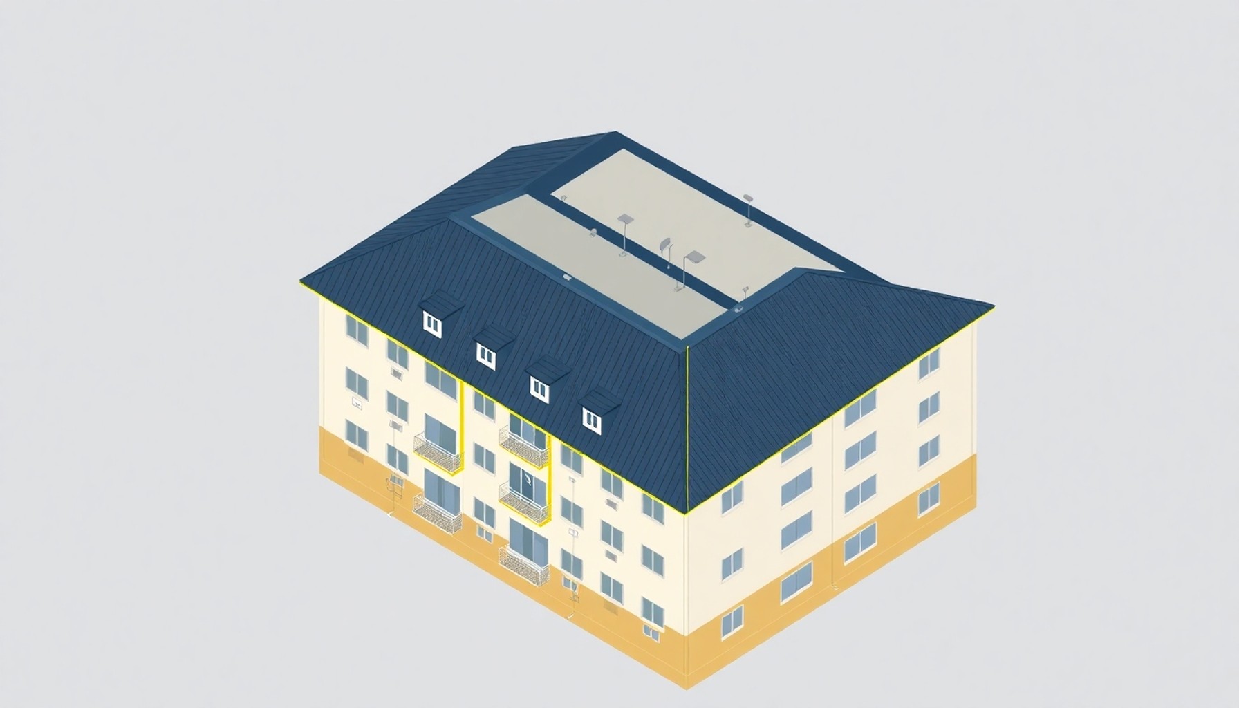 Apartman çatısında ortak yağmur oluğu ve drenaj sistemini gösteren izometrik illüstrasyon