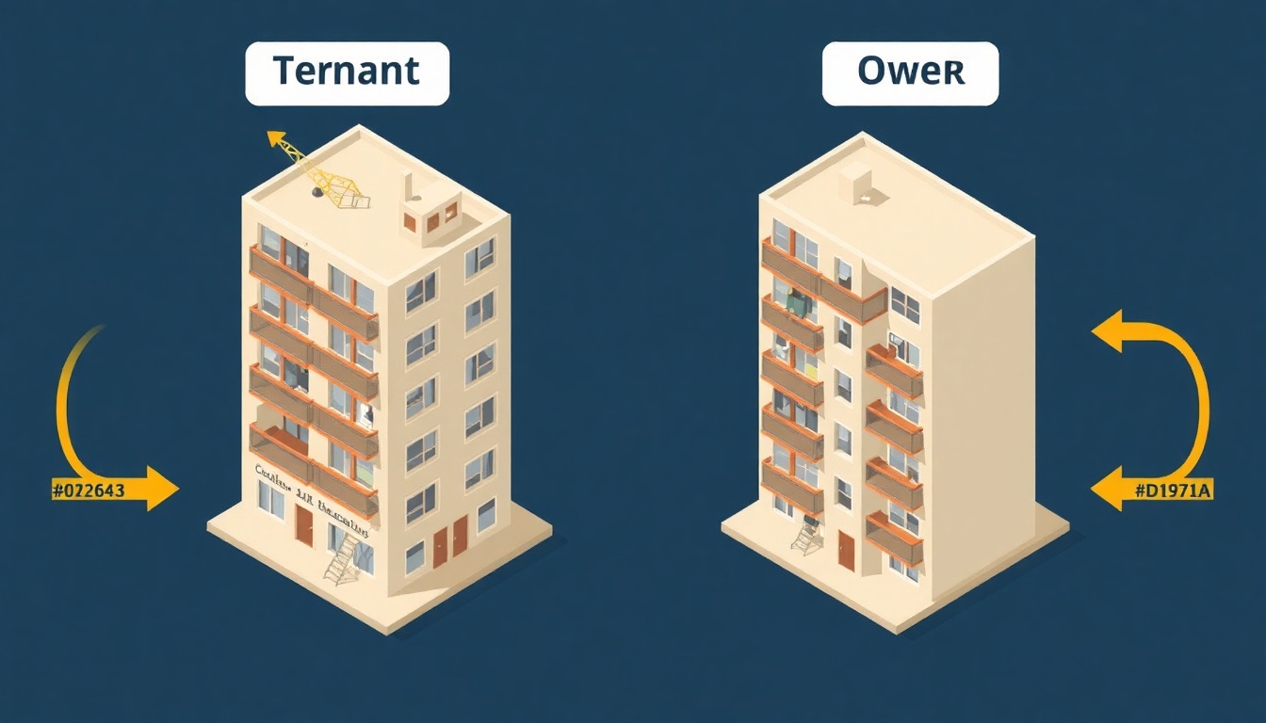 Kiracı ve malik için farklı hukuki süreçleri gösteren izometrik apartman illüstrasyonu