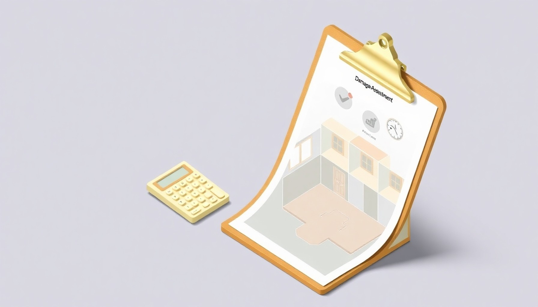 Apartman su hasarı için tazminat hesabını gösteren izometrik kontrol listesi illüstrasyonu