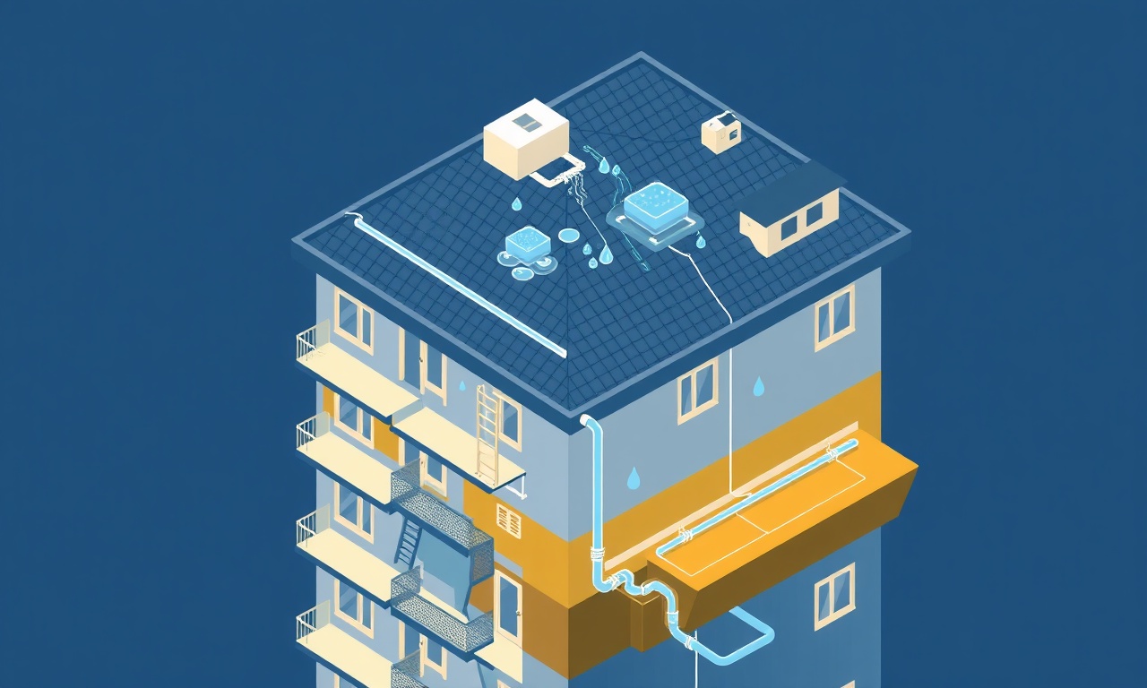 Apartman çatısından yağmur suyu toplama ve drenaj sistemi illüstrasyonu