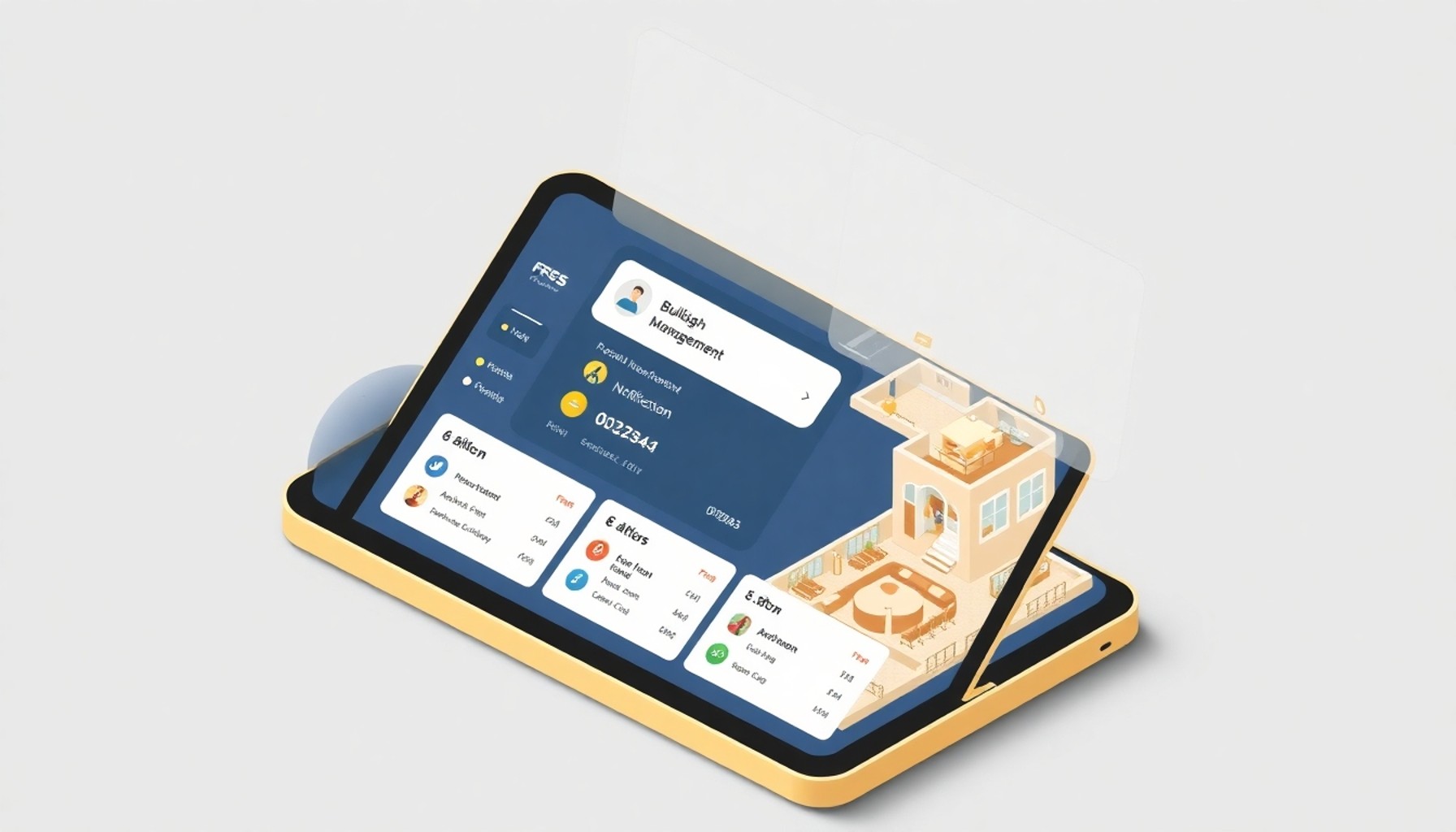 Dijital apartman yönetim uygulaması ekranı gösteren tablet illüstrasyonu