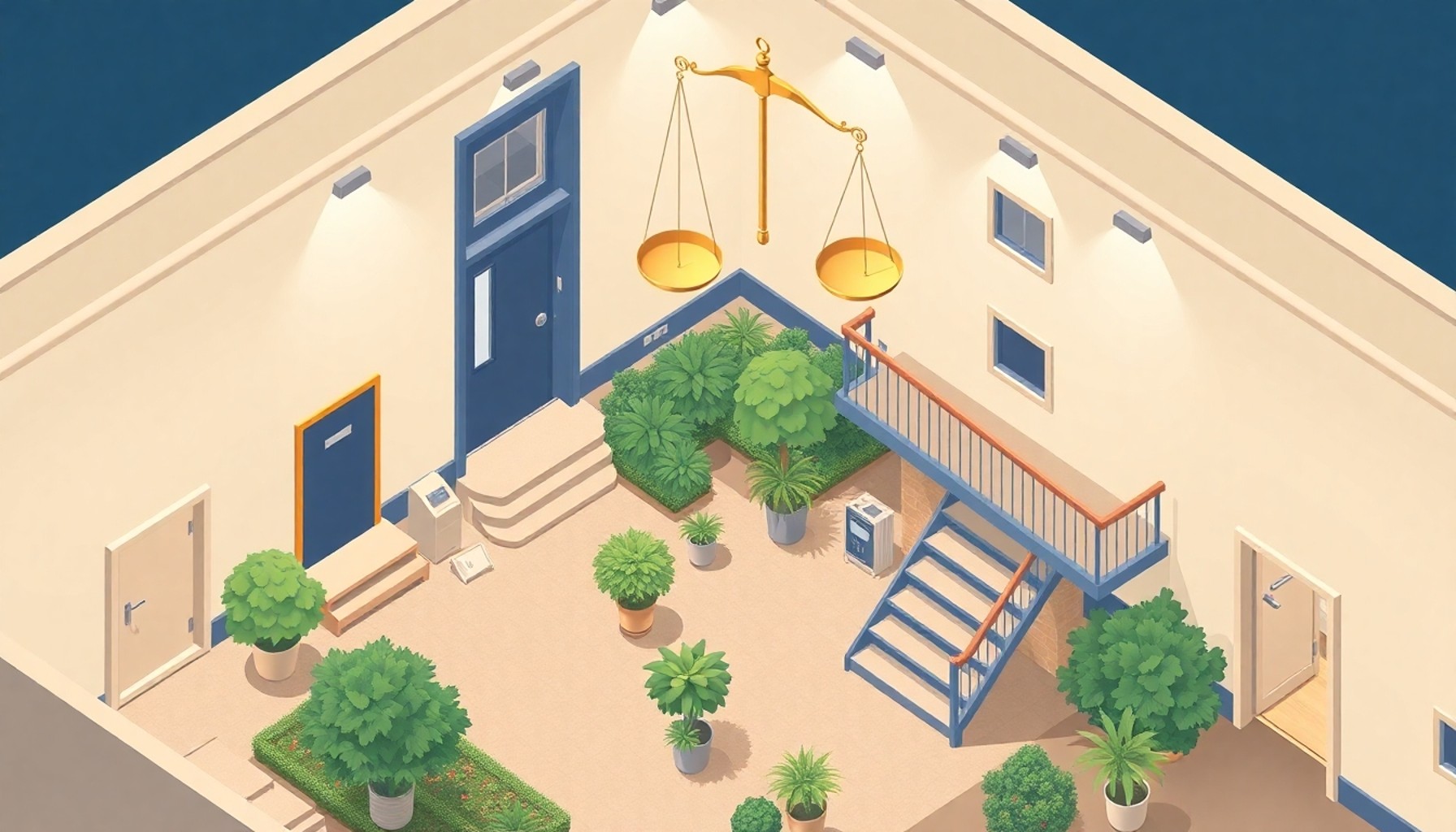 Apartman ortak alanları ve hukuki denge sembolü illüstrasyonu