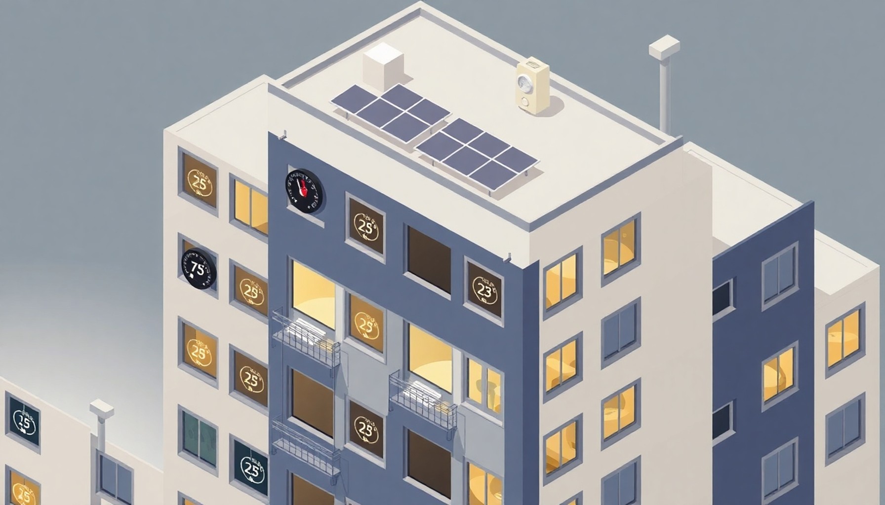 Akıllı bina ve bağımsız ısıtma sistemlerini gösteren modern apartman illüstrasyonu