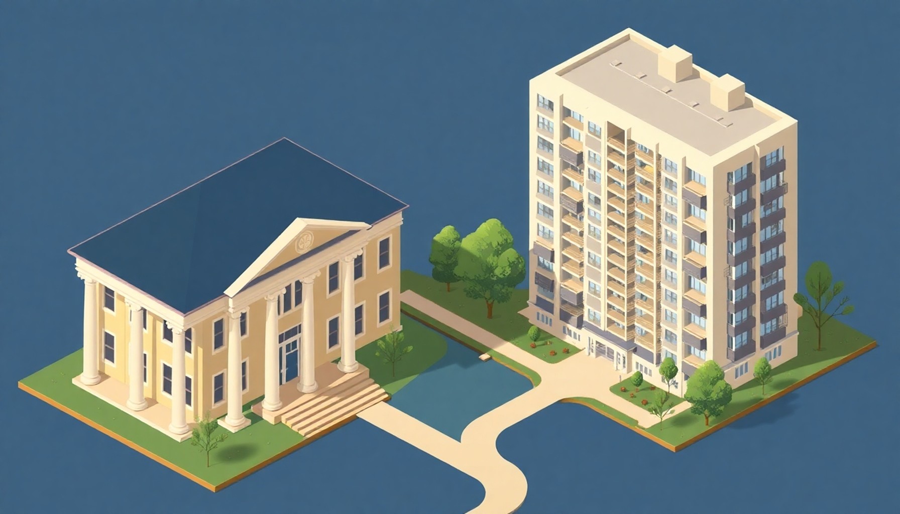 Adliye binası ve apartman kompleksi yol bağlantısı illüstrasyonu