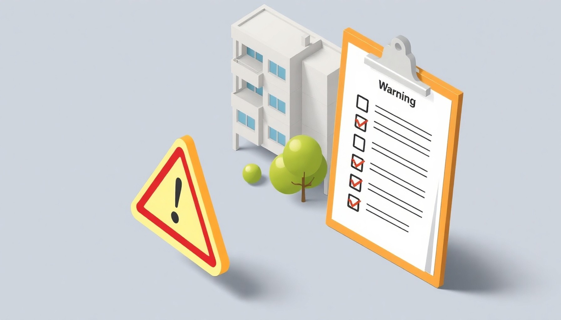 Uyarı işareti ve kontrol listesi ile apartman arka plan illüstrasyonu