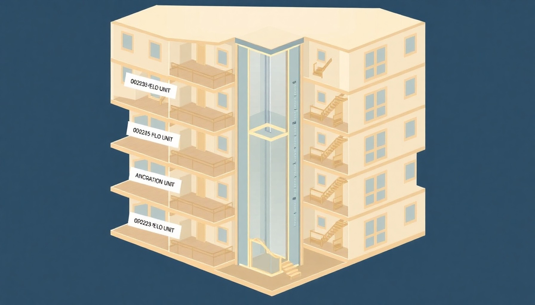Apartman katları ve asansör şaftı — zemin kat muafiyeti konusunu anlatan illüstrasyon