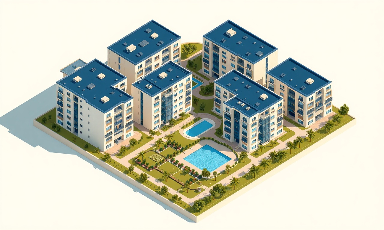 Ceyhan Adana'da Akdeniz iklimine uygun bahçeli ve havuzlu modern konut sitesi — izometrik illüstrasyon