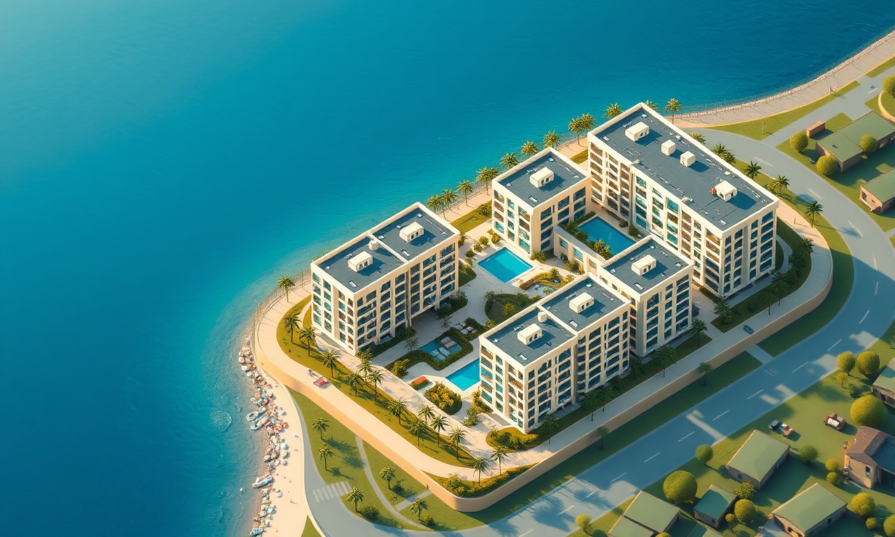 Cukurova, Adana'da Akdeniz iklimiyle şekillenen modern konut sitesi — izometrik illüstrasyon