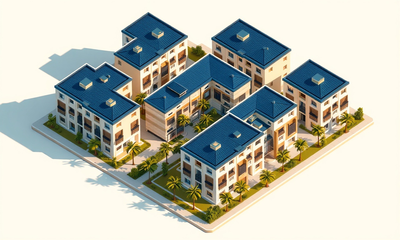 Saricam Adana'da Akdeniz iklimine uygun modern konut sitesi — lacivert ve altın tonlarında izometrik illüstrasyon