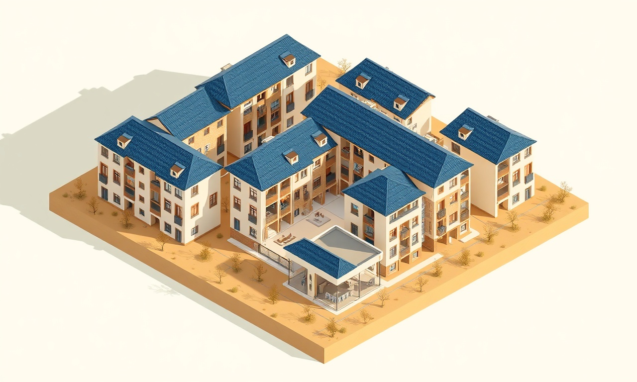 Gerger Adıyaman'da apartman ve site yönetimini temsil eden izometrik mimari illüstrasyon, lacivert ve altın renk paleti