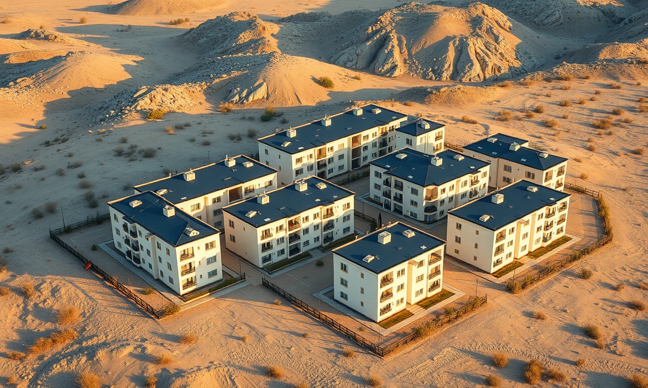 Kahta Adıyaman'da apartman ve site kompleksinin izometrik görünümü, kurak Güneydoğu Anadolu manzarası, lacivert ve altın renk paleti
