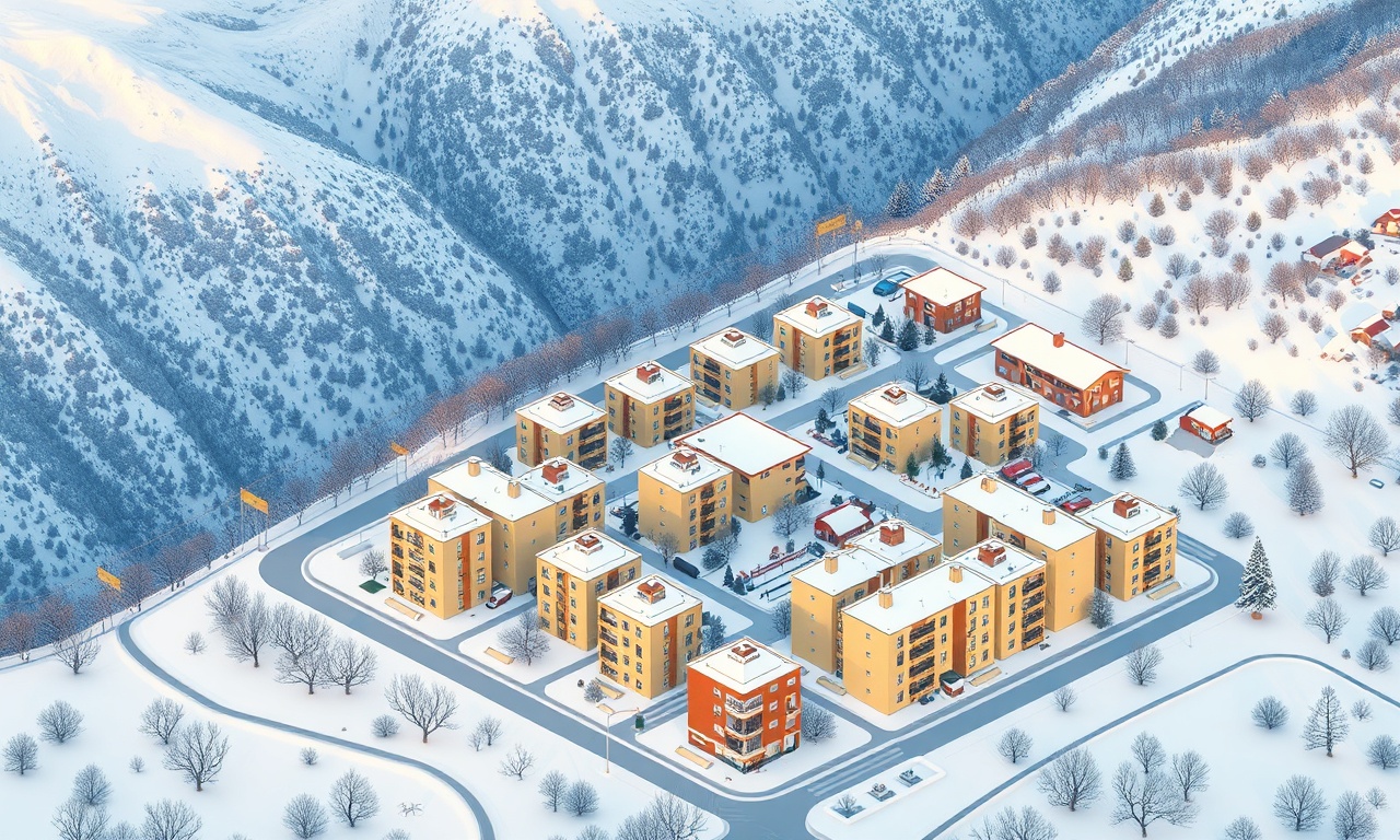 Eleskirt ilçesinde kış manzarası ve apartman binaları — izometrik illüstrasyon