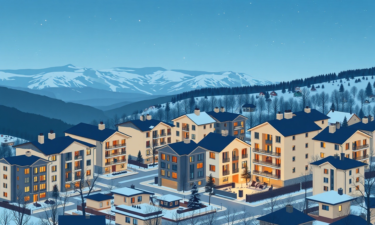 Guzelyurt Aksaray'da karasal iklim altında apartman ve site yerleşimi, lacivert altın tonda izometrik illüstrasyon
