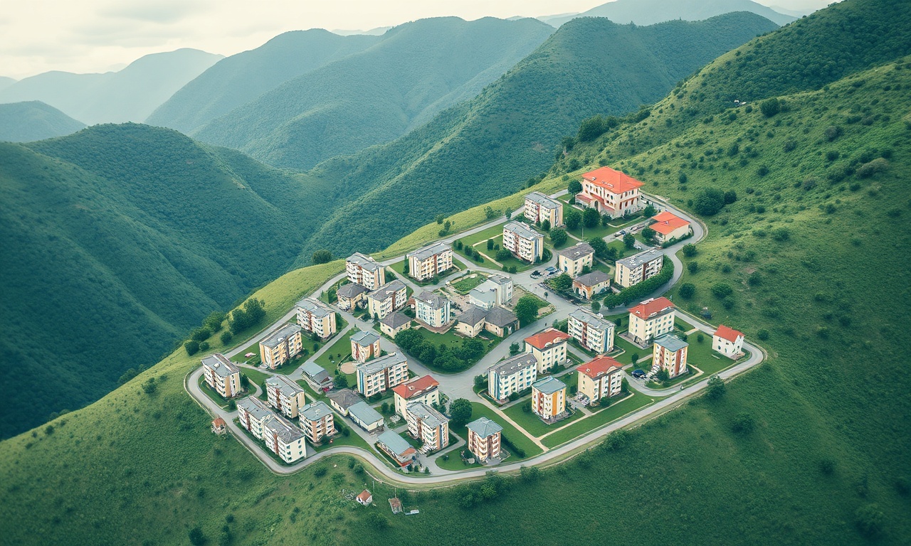 Gumushacikoy ilçesinin konut dokusunu gösteren izometrik mimari illüstrasyon, Karadeniz bölgesi atmosferi, lacivert ve altın tonlar