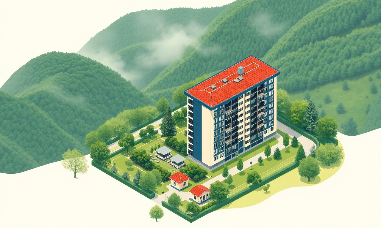 Amasya Merkez ilçesinde yeşil vadide konumlanan apartman binaları, lacivert ve altın rengi illüstrasyon