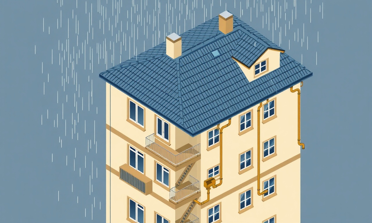 Karadeniz ikliminde apartman binası, yağmur oluğu ve su tahliye sistemi detayları, izometrik mimari kesit illüstrasyonu