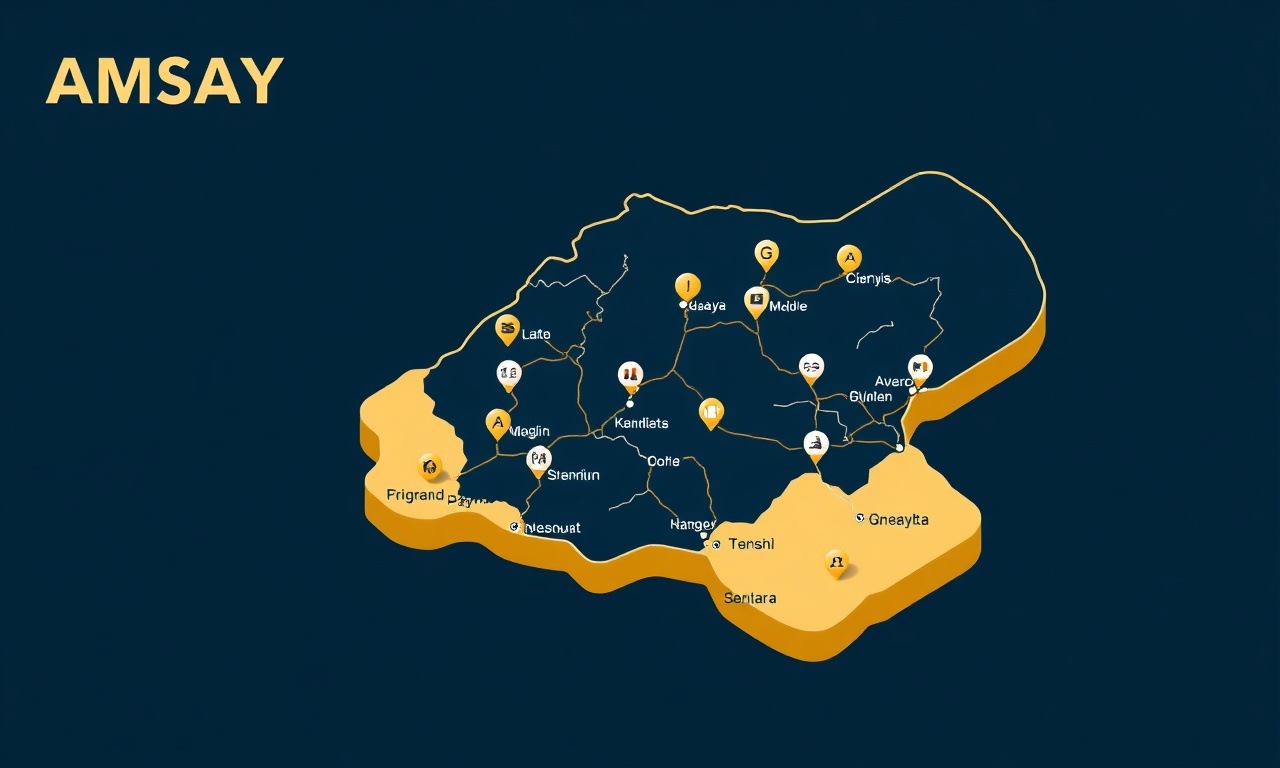 Amasya ili ilçe haritası ve bağlantılı yol ağı, Tasova ve komşu ilçeler, izometrik illüstrasyon, lacivert ve altın tonlar