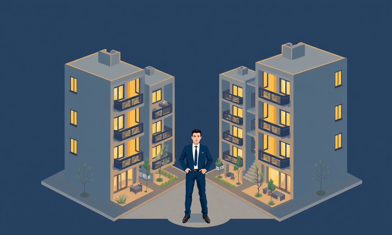 Bala ilçesinde site yöneticisi rolüne geçişi temsil eden izometrik apartman illüstrasyonu