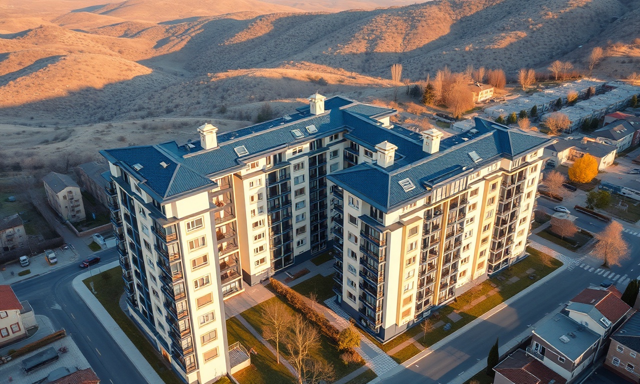 Elmadag Ankara'da apartman ve site yönetimini simgeleyen izometrik konut kompleksi illüstrasyonu
