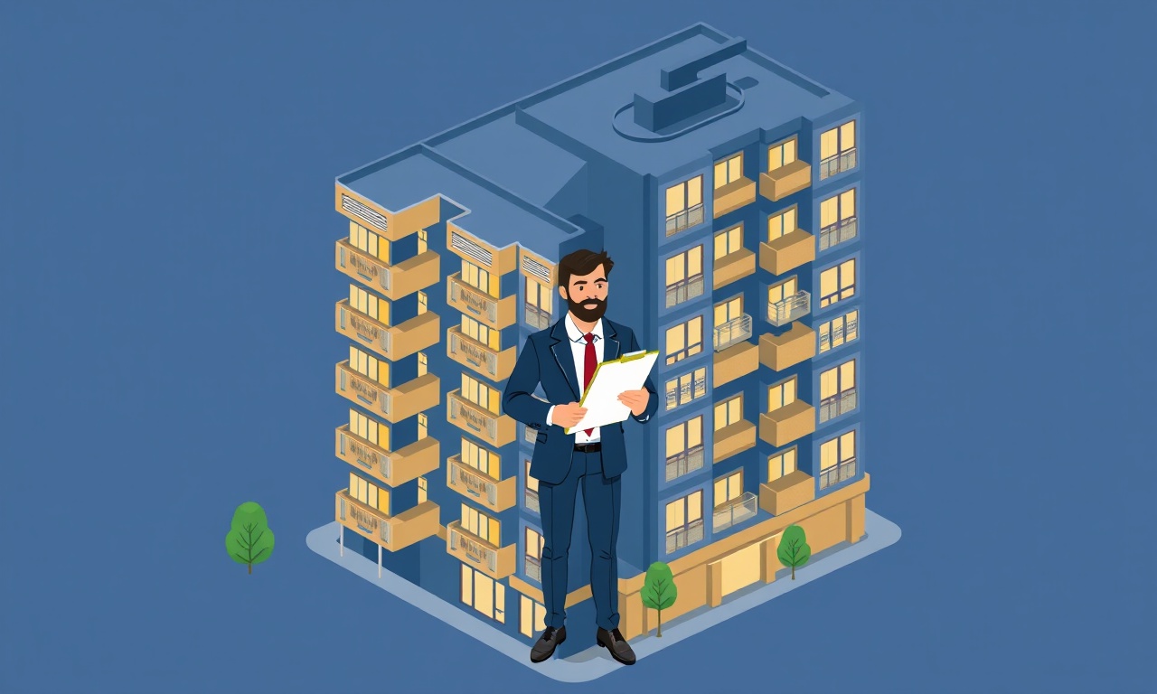 Yeni yöneticinin apartman önünde devir-teslim sürecini başlattığı izometrik illüstrasyon, lacivert ve altın tonlar