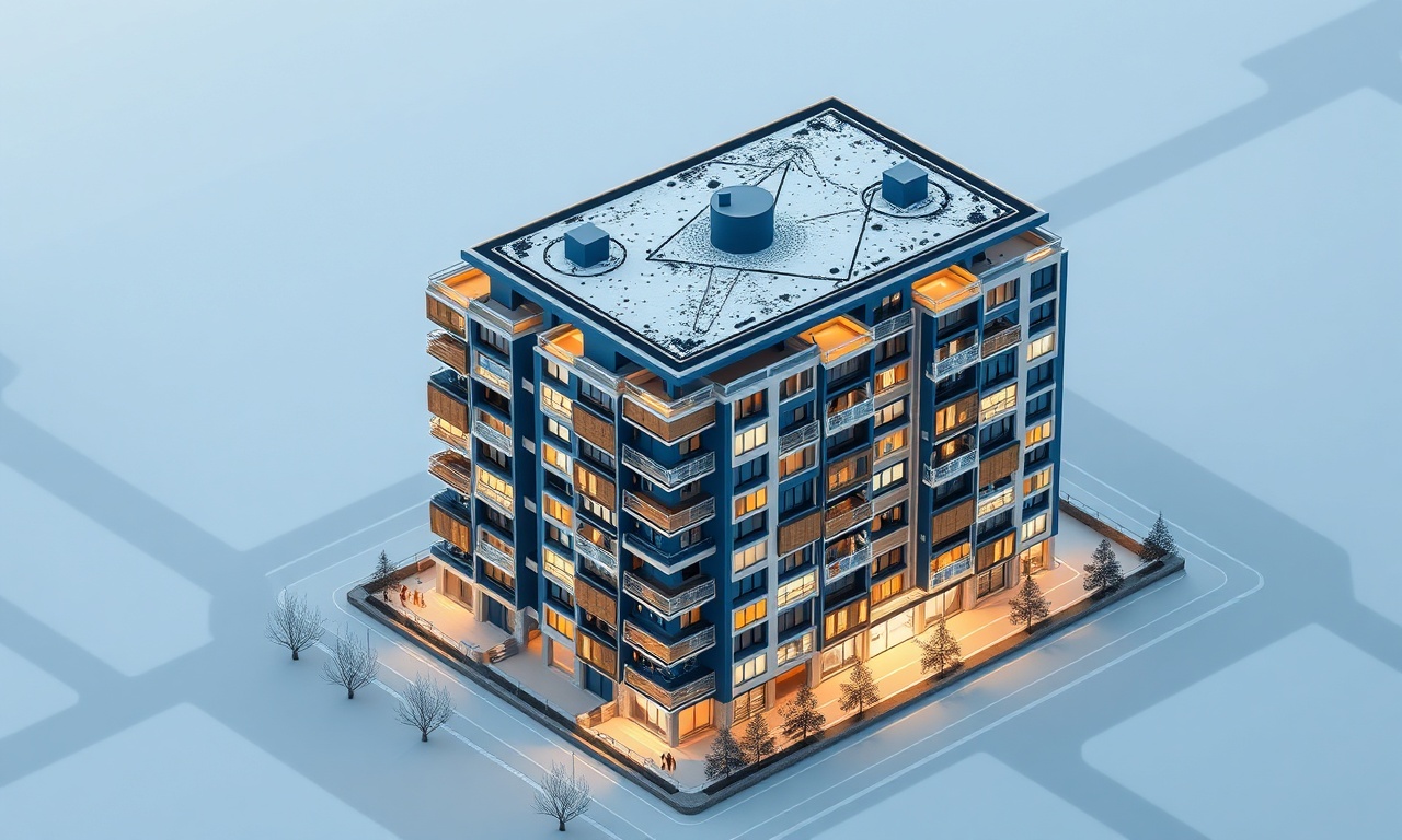 Polatlı'da karasal iklim koşullarında bir apartman bloğunun izometrik çizimi, lacivert ve altın renk paleti