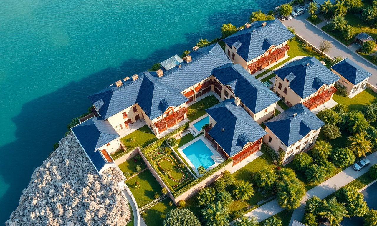 Aksu Antalya kıyısına yakın modern konut sitesi havadan izometrik görünüm