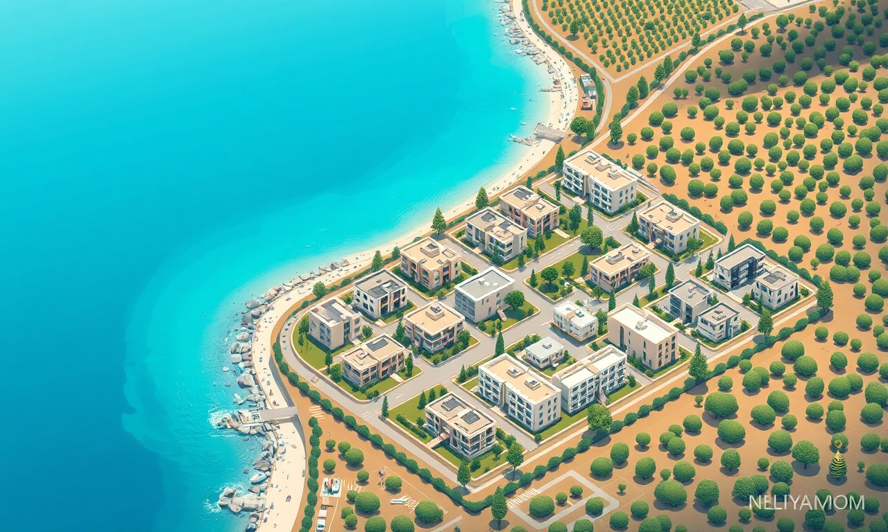 Finike ilçesinin Akdeniz kıyısındaki konut dokusunu gösteren izometrik illüstrasyon, lacivert ve altın renk paleti