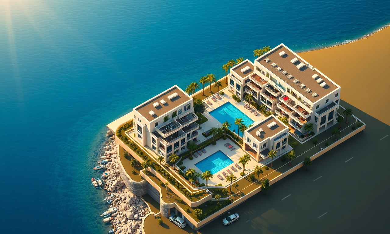 Gundogmus Antalya'da Akdeniz sahil sitesi izometrik illüstrasyonu, lacivert altın renk paleti