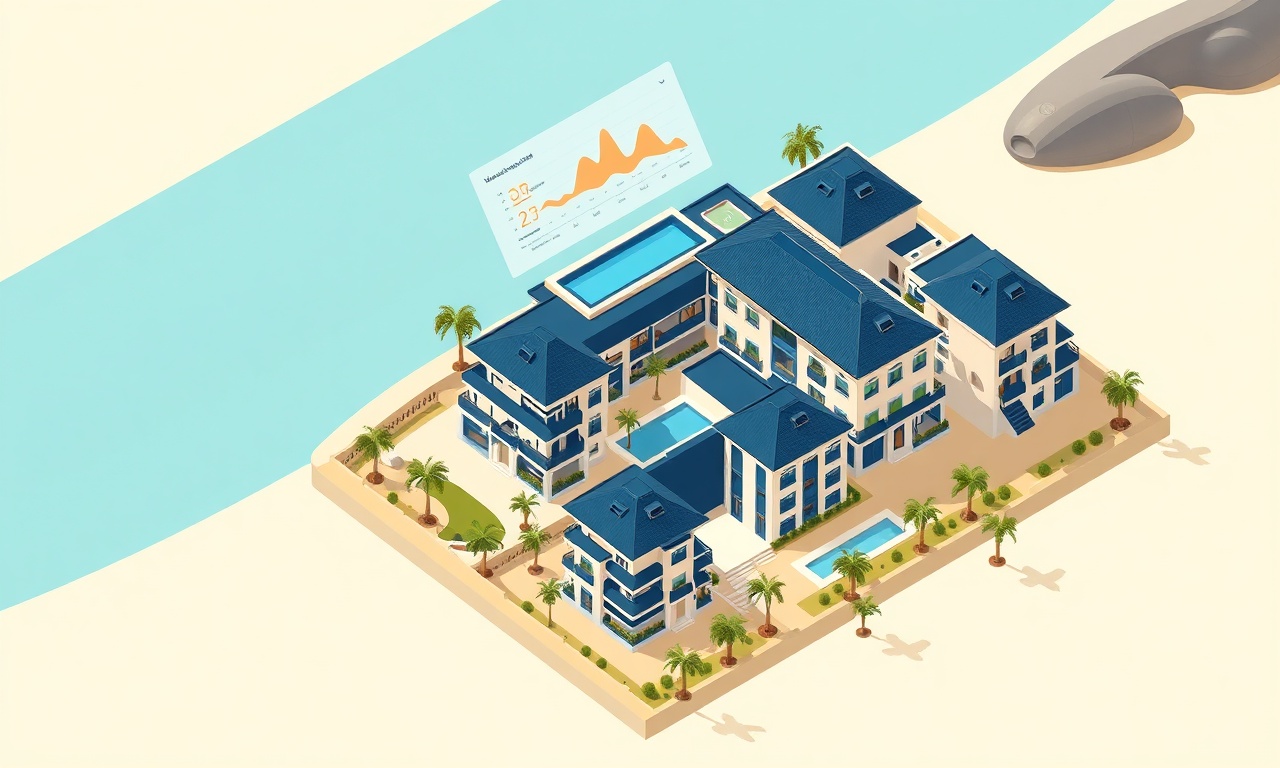 Kemer Antalya sahil kıyısında modern konut sitesi ve yönetim paneli illüstrasyonu