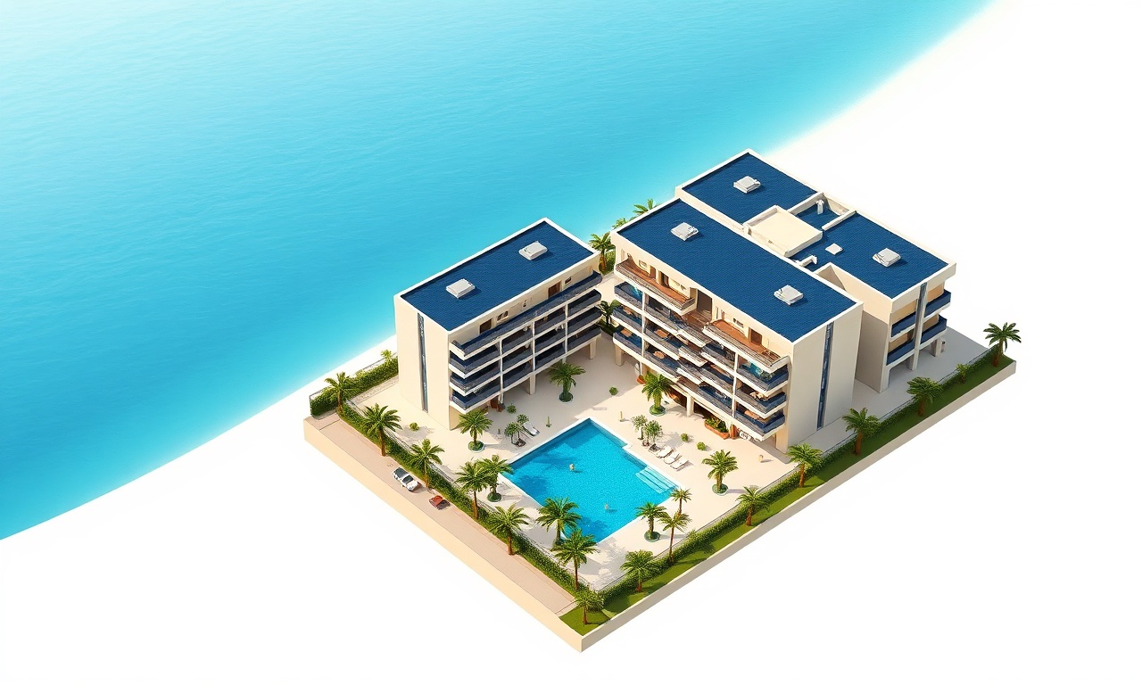 Konyaalti Antalya kıyısındaki modern konut sitesinin izometrik illüstrasyonu, lacivert ve altın renk paleti