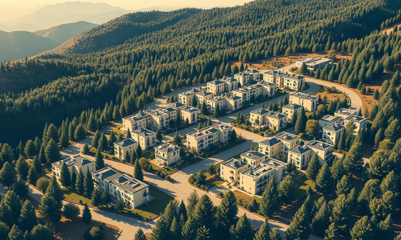Korekuteli Antalya konut silueti — Akdeniz ikliminde apartman ve villa yapılaşması izometrik illüstrasyon