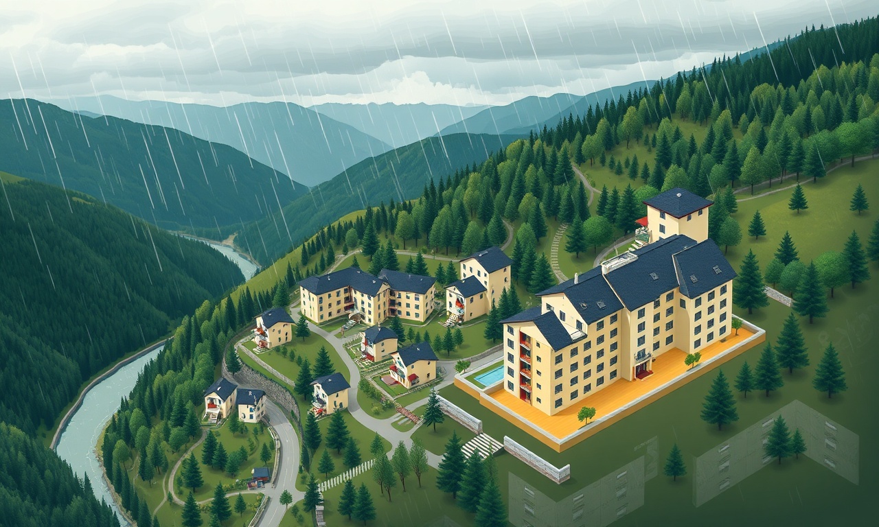 Borcka Artvin apartman ve site yönetimi — yeşil dağlık vadi silueti, çatı yalıtım detayı, Karadeniz iklimi