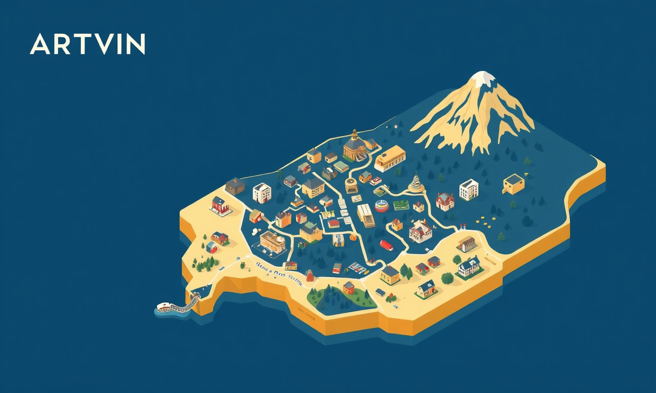 Artvin ilinin farklı ilçelerindeki konut dokusunu gösteren izometrik harita illüstrasyonu