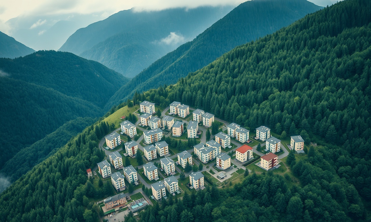 Artvin Merkez ilçesinde orman ve dağlarla çevrili çok katlı apartman silueti, yağışlı Karadeniz iklimine özgü konut dokusu