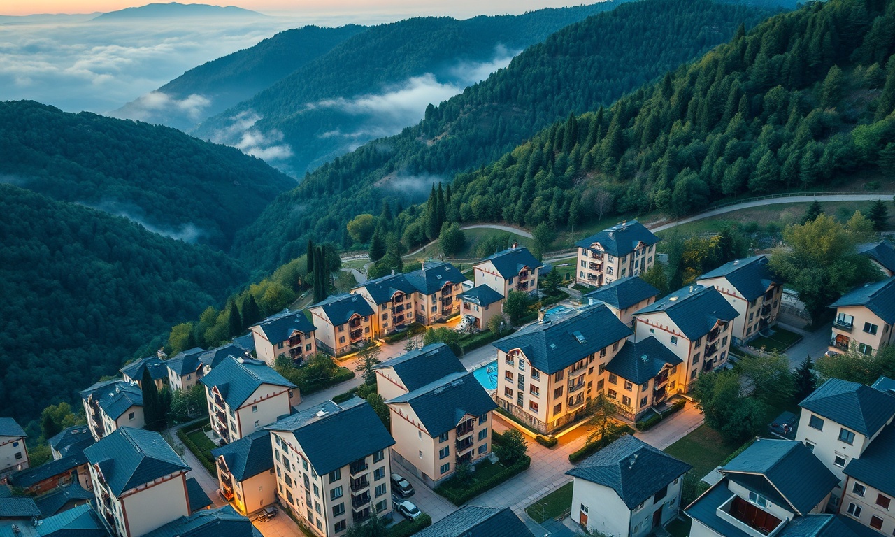 Savsat ilçesinde yeşil dağ eteklerinde konumlanmış apartman binaları, Karadeniz iklimine özgü eğimli çatı ve ormanlık yamaçlar