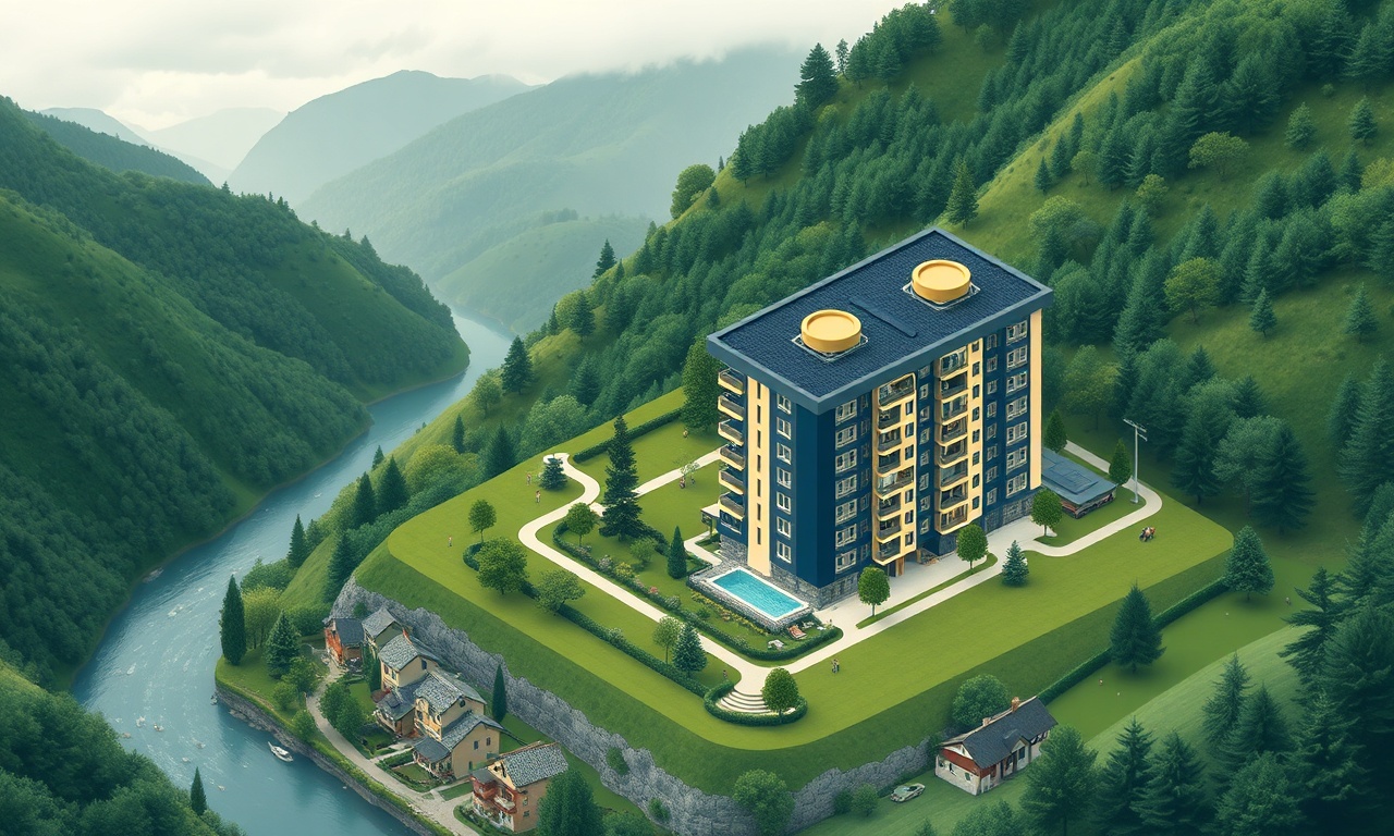 Yusufeli Artvin vadisinde dağlarla çevrili apartman binası izometrik illüstrasyonu