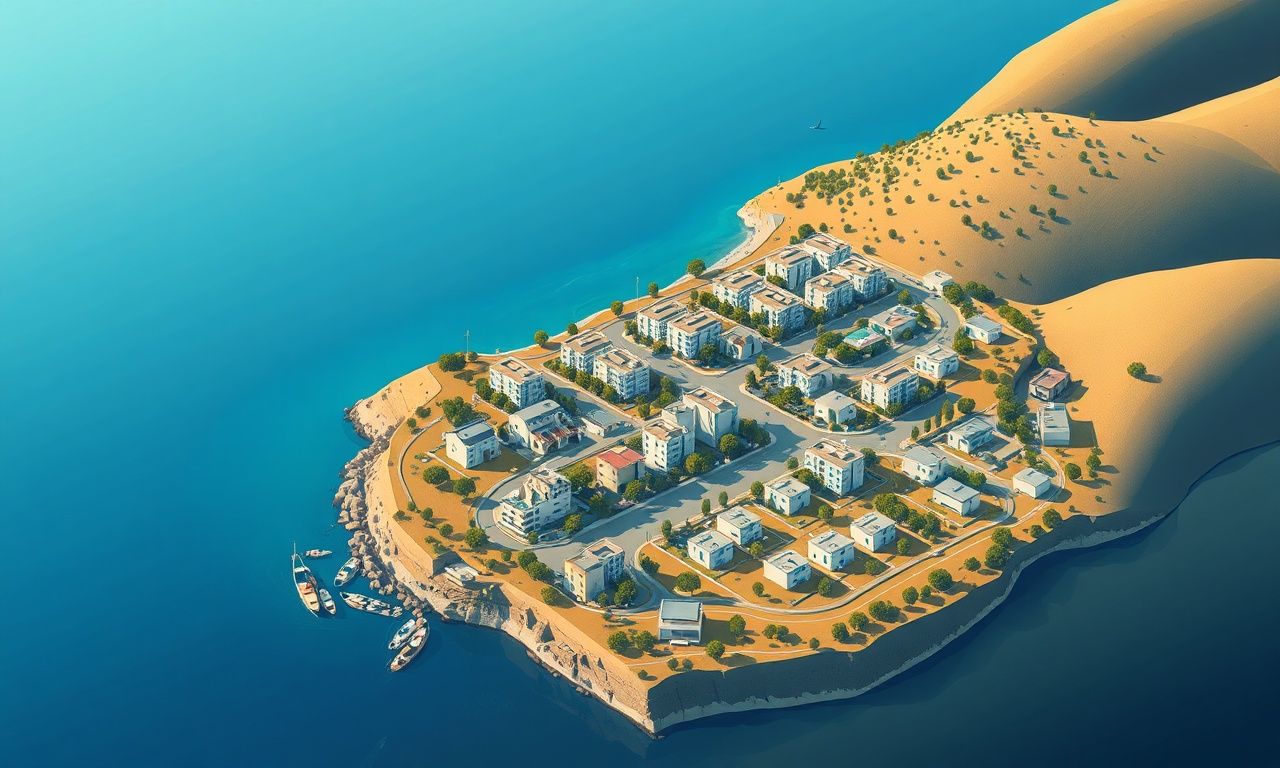 Buharkent Aydın'da zeytinlikler arasında apartman ve site yapıları — izometrik Ege konut silueti