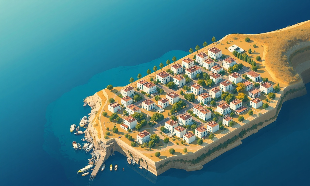Germencik ve Ege kıyısına bakan apartman silueti, lacivert ve altın tonlu izometrik illüstrasyon