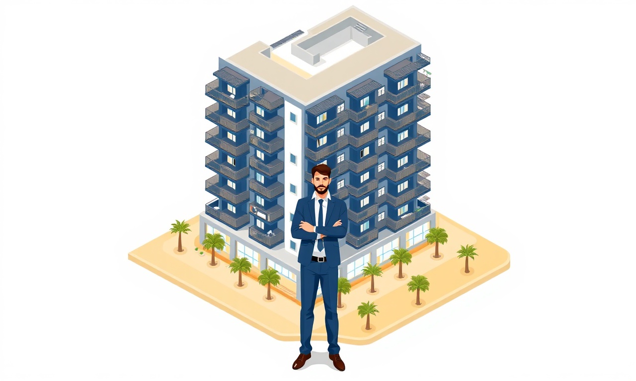 Germencik'te yeni bir yöneticinin devraldığı apartman bloğu, lacivert-altın izometrik illüstrasyon