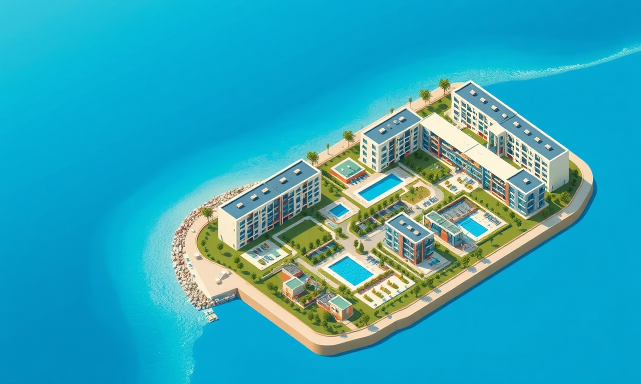 Kusadasi sahil konutları ve site yönetimi — izometrik Ege manzarası