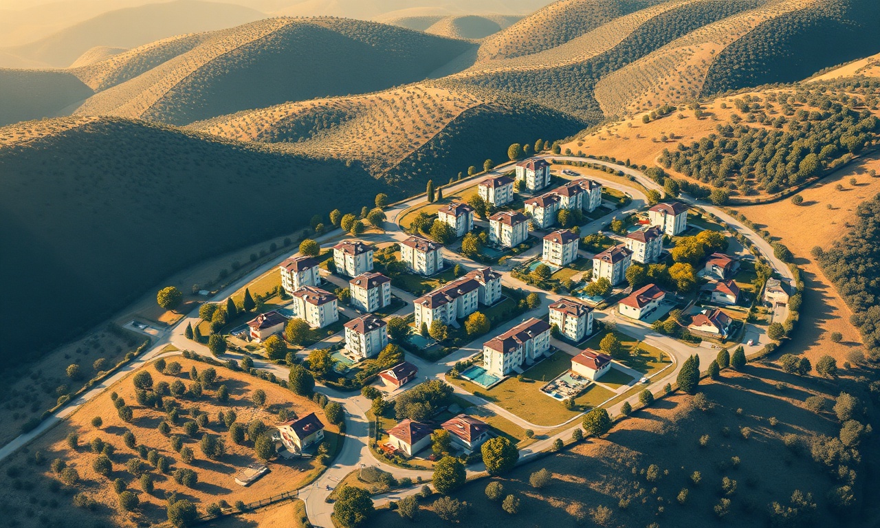 Yenipazar, Aydın'da zeytinlikler arasında yer alan konut mahallesinin izometrik görünümü