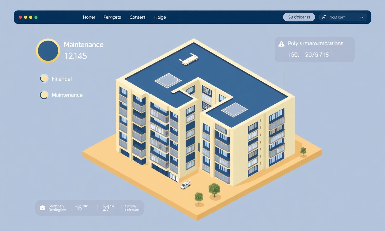 SiteYönetim platform modüllerinin izometrik gösterimi — aidat, arıza, ihale ve iletişim modülleri