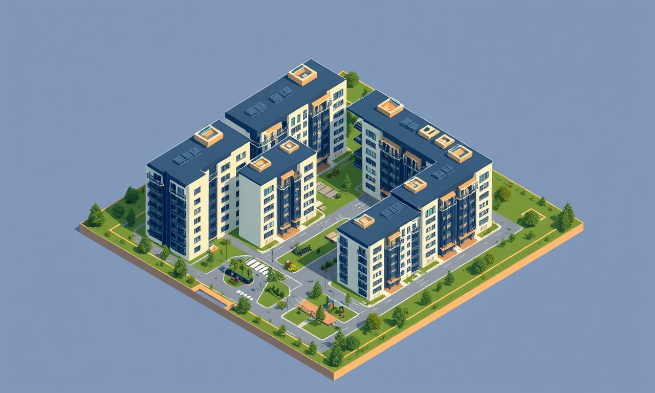 Altieylul Balıkesir'de çok bloklu konut sitesi izometrik illüstrasyon, lacivert ve altın tonları