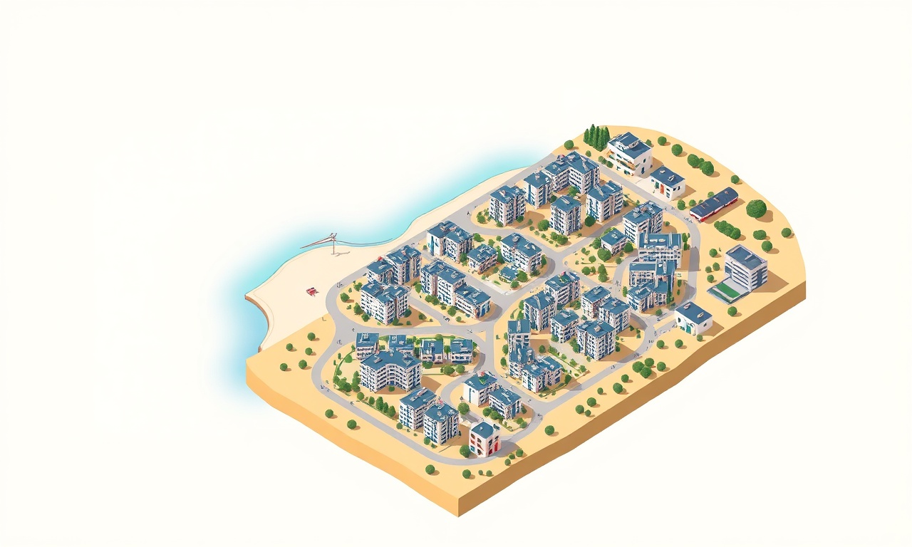 Ayvalık Balıkesir kıyısında apartman ve site komplekslerinin izometrik görünümü, lacivert ve altın renk paleti