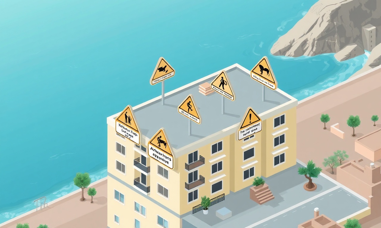 Yeni site yöneticilerinin yaptığı yaygın hataları gösteren uyarı işaretleri ve apartman yönetim panosu izometrik illüstrasyonu