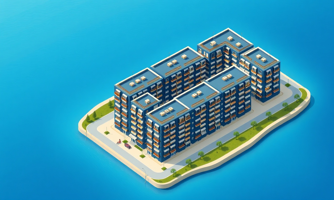 Bandirma'da çok bloklu modern konut sitesi, Marmara kıyısı havadan izometrik görünüm