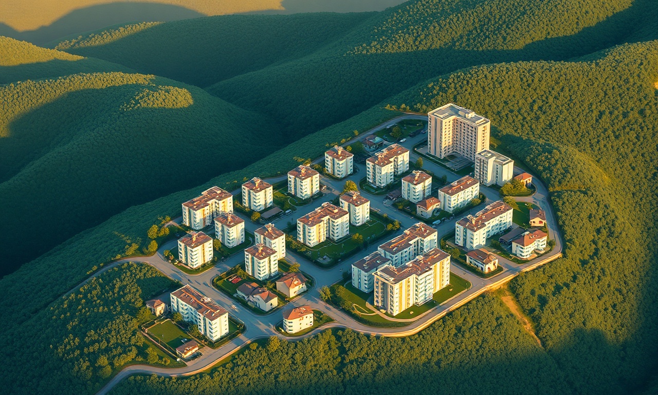 Savastepe ilçesindeki konut dokusu — alçak katlı apartmanlar ve yeşil tepeler, Balıkesir