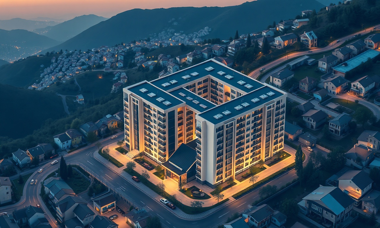 Sindirgi Balıkesir'de bir konut sitesinin akşam vakti izometrik görünümü, lacivert ve altın renk paleti